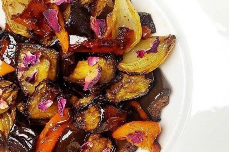 Plate of vegetarian recipe of roasted vegetables
