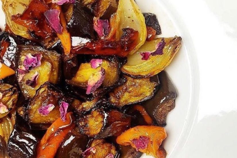 Plate of vegetarian recipe of roasted vegetables